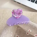 Pince à cheveux élégante en acétate violet avec motif cœur marbré et décor de marguerites - Violet 5.5cm