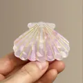Handheld shell-shaped acetate hair claw clip with pink purple marble pattern and gold lines - Pink Shell