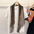 Brown leopard print 100% mulberry silk long scarf paired with a white shirt - Black Brown Leopard
