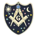 Blue enamel Masonic shield brooch with golden compass, square and colorful rhinestones - Colorful Rhinestone Shield Shape (C3399-7)