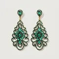Luxurious gold chandelier earrings with deep green rhinestones and hollow floral patterns - Gold + Green Zirconia