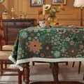 Tovaglia vintage in jacquard verde scuro con motivo floreale arancione e frange beige - 140x220 / Floreale Verde