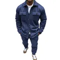 Close-up of navy blue suede texture and dual flap pockets on men's jacket set - S / Navy Blue