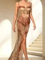 Detail showing corset-style leopard print dress with lace trim and high side slit - S / Coffee