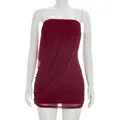 Elegant burgundy strapless ruched mesh mini dress with sophisticated draped layers - S / Red
