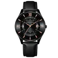 Men's business quartz watch with black leather strap and rose gold markers - Rose Gold & Black Dial Style