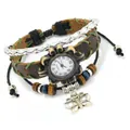 Vintage bohemian wrap leather watch bracelet with butterfly pendant and wooden beads - Brown