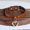 Brown leather dog collar with gold floral print and heart-shaped pearl pendant - Heart Wreath Pendant Collar