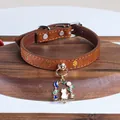 Brown leather pet collar with gold cat paw print and fairy forest metal pendant - Swing Cat Pendant Collar