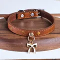 Brown leather pet collar with gold paw prints and a silver bow pendant for cats and dogs - White Bow Pendant Collar