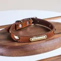 Brown leather pet collar with gold heart studs and engraved metal brand tag - Heart Gold Tag Collar