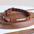Brown leather pet collar with large rhinestones and a gold metal nameplate - White Gemstone Gold Tag Collar