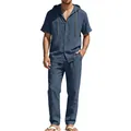 Close-up of men's blue cotton linen short sleeve hooded shirt and matching trousers set - Navy Blue