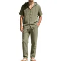Men's casual army green linen short sleeve hooded shirt and long pants set - Army Green