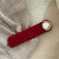 Elegant red tweed hair clip with large faux pearl and fringe detail for women - Rectangular Artificial Pearl Style / Red