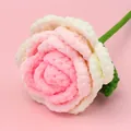 Handmade crocheted rose in gradient pink and white yarn with green stem and leaf - Chenille Rose Flower Branch - Gradient Bright Pink (Head Diameter approx. 14cm)