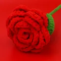 Handmade crochet red rose flower with vibrant yarn petals and green knit stem - Chenille Rose Flower Branch - Red (Head Diameter approx. 14cm)