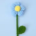 Handmade crochet light blue rose flower with yellow center and green knit stem - Chenille Puff Flower Bouquet / Blue