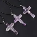 Three-piece set of natural purple amethyst crystal cross pendants with black ropes - Amethyst
