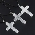 White natural crystal cross pendant charm with black braided rope and metal clasp - White Crystal