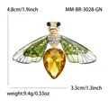 Green crystal bee brooch with golden wings and product dimensions measurement details - 14K Gold - Golden Yellow Glass + Green Wings