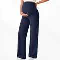 Detail of navy blue wide-leg maternity pants with high waist belly support design - Navy Blue