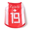 Detail of breathable red and white Canada mesh pet vest with maple leaf and number 19 - Red Canada No. 19
