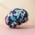 Waterproof double-layer shower cap with tropical floral print and adjustable elastic band - One Size / Navy Green Leaf