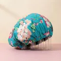 Waterproof double-layer shower cap with floral print and adjustable elastic band - One Size / Green Flower