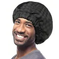 Adjustable waterproof sleep cap with black checkerboard pattern for hair protection - One Size / Black Plaid