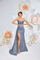 Glitzerndes silberblaues Pailletten-Abendkleid mit Korsett-Taille und hohem Schlitz - XS / Grau