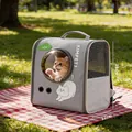 Portable grey cat backpack with space capsule window and cute kitten illustration - Small / Backpack Style / Gray