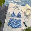 Dettaglio del set bikini a righe bianche e blu con top a fascia e pantaloncini a vita alta - S / Righe Blu