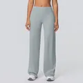 Detail of high waisted wide leg yoga pants in light blue grey with seamless waistband - Rhino Gray