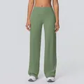 Detail of high waisted wide leg yoga pants in grey-green with matte fabric texture - Cedar Green