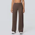 Front view of high waisted chocolate brown wide leg yoga pants with brushed texture - Distilled Coffee