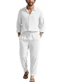 Détail de la texture du lin blanc respirant sur cet ensemble chemise et pantalon décontracté - S / Blanc