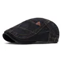 Vintage dark blue denim newsboy cap with yellow contrast stitching and leather patch - Adjustable / Pocket Style Black
