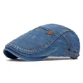 Distressed blue denim flat cap with brown leather patches and contrast stitching - Adjustable / Pocket Style Blue