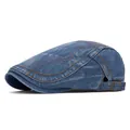 Vintage blue-grey washed denim flat cap with orange contrast stitching and side buckle - Adjustable / Striped Style Blue
