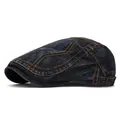 Washed dark denim newsboy cap with vintage wave stitching and adjustable buckle - Adjustable / Striped Style Black