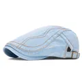 Casquette gavroche en jean bleu clair délavé avec coutures orange et boucle réglable - Réglable / Style Rayé Bleu Clair