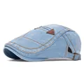 Béret réglable en denim délavé bleu clair avec coutures vintage et empiècement en cuir - Réglable / Style Poche Bleu Clair