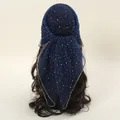 Detailed back view of navy blue rhinestone headscarf tied on a hair model - 80*80cm / Navy Blue