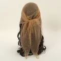 Close-up of brown mesh headscarf with sparkling rhinestones and detailed edging - 80*80cm / Champagne