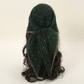 Detailed view of a dark green mesh headscarf with sequins and gold stitching - 80*80cm / Dark Green