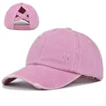 Distressed light pink ponytail baseball cap with criss-cross elastic back design - Light Pink
