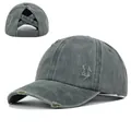 Dark grey distressed ponytail baseball cap with criss-cross elastic back design - Dark Gray