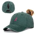 Casquette de baseball en coton vert foncé délavé avec ouverture pour queue de cheval et broderie - Réglable / Vert Herbe Queue de Cheval