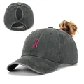 Casquette de baseball grise en coton délavé avec broderie ruban rose et fente - Réglable / Vert Armée Queue de Cheval